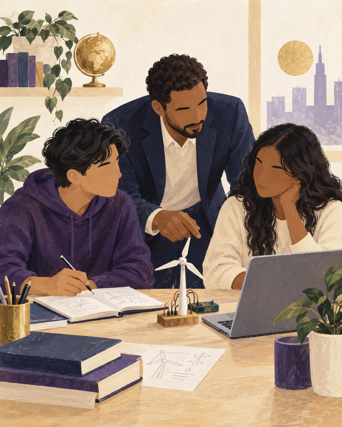 Concept illustration of a professional mentoring two students as they develop a project