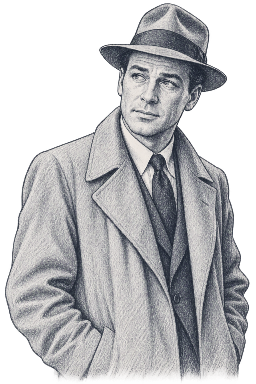 Pencil illustration of John Doe, portrayed by Gary Cooper in Meet John Doe