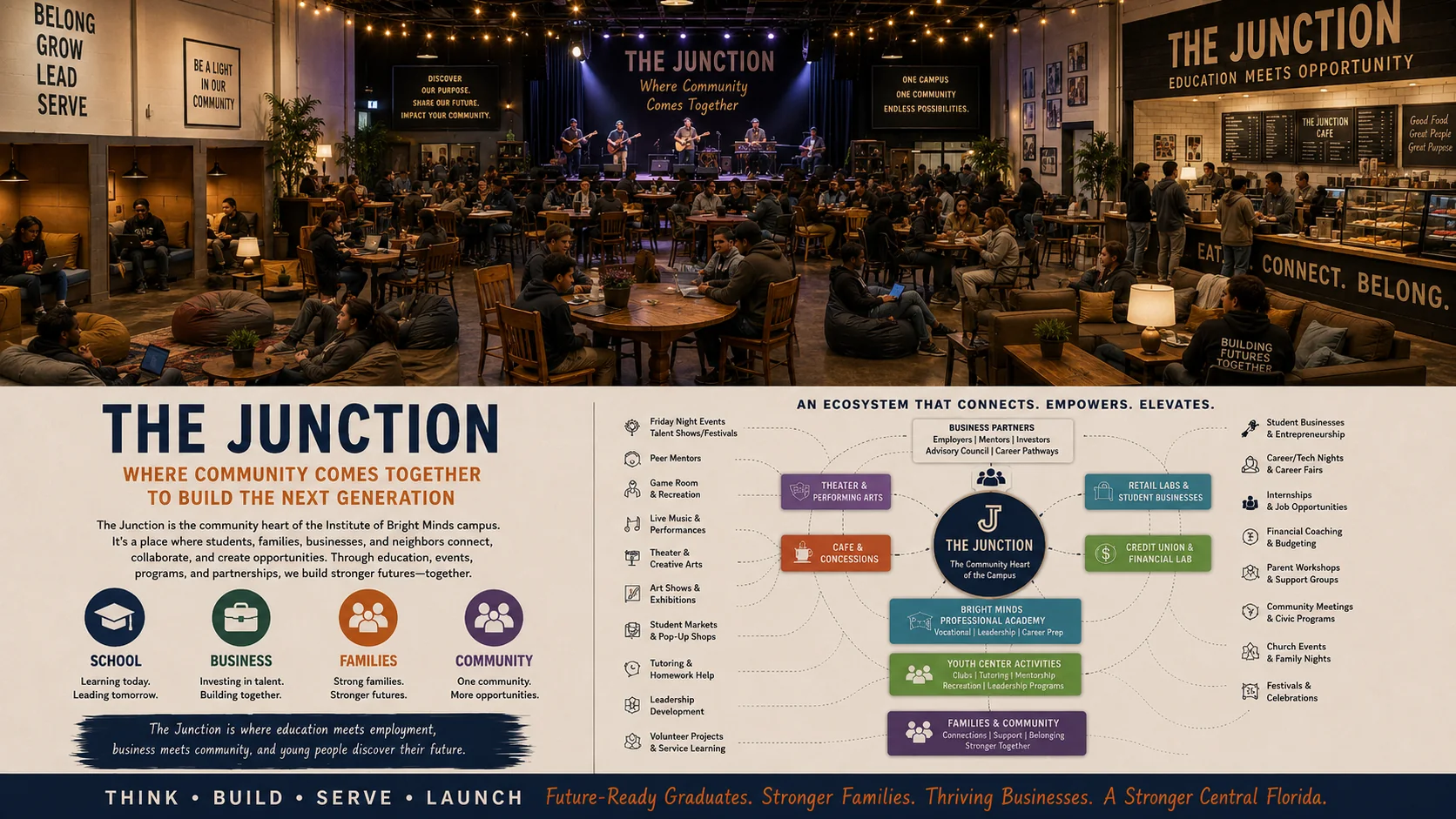 Concept visualization of The Junction with a stage, café, tables, lounge seating, and student activity